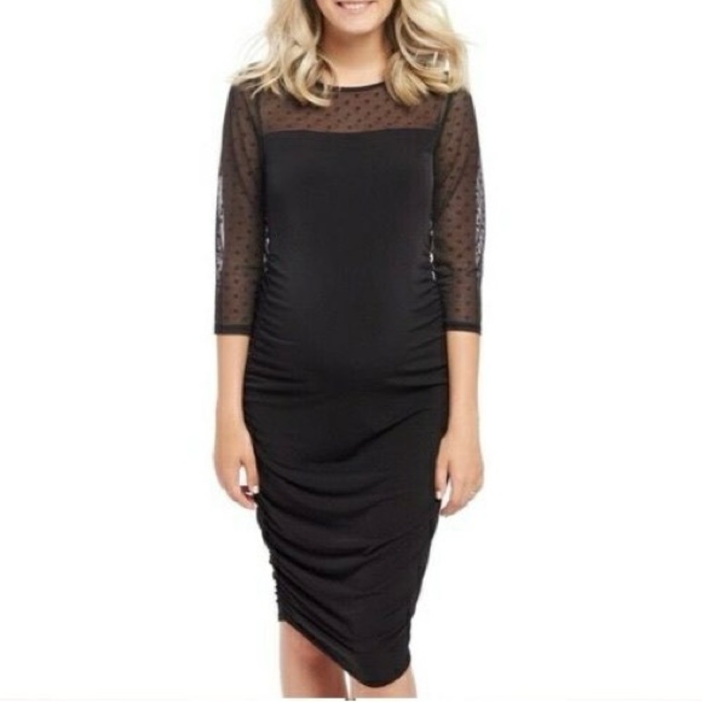 Motherhood Maternity Polka Dot Lace Mesh Top & Solid Ruched Body Cocktail Dress